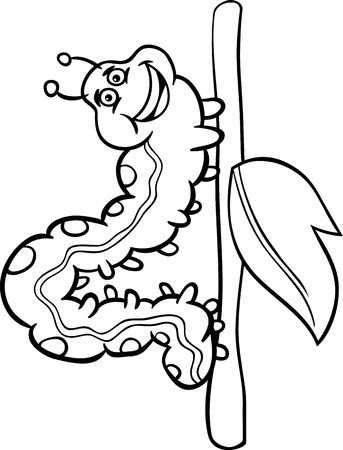 Black and White Cartoon Illustration of Funny Caterpillar Insect on stick with leaf for Coloring Bookのイラスト素材
