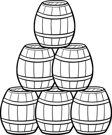 Black and White Cartoon Illustration of Wooden Barrels in a Heapのイラスト素材