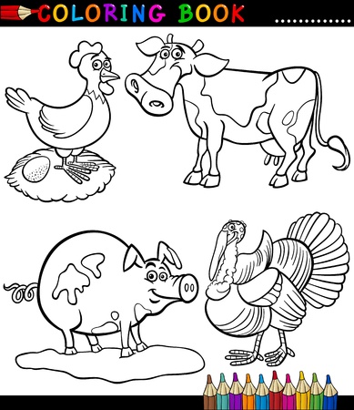 Black and White Coloring Book or Page Cartoon Illustration Set of Funny Farm and Livestock Animals for Childrenのイラスト素材