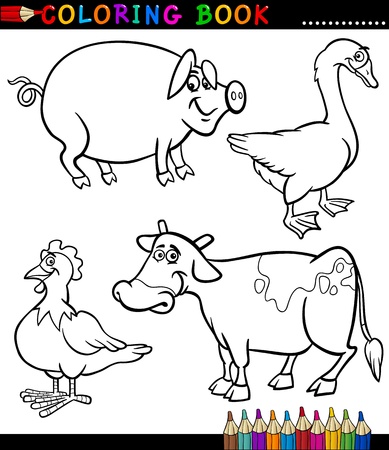 Black and White Coloring Book or Page Cartoon Illustration Set of Funny Farm and Livestock Animals for Childrenのイラスト素材