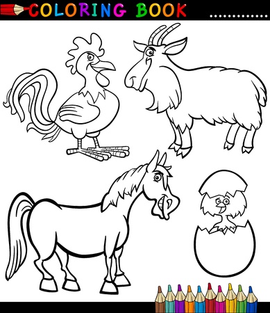 Black and White Coloring Book or Page Cartoon Illustration Set of Funny Farm and Livestock Animals for Childrenのイラスト素材