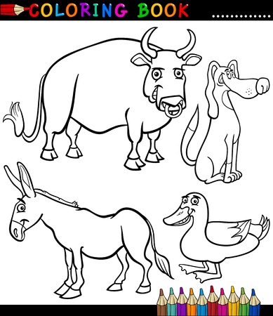 Black and White Coloring Book or Page Cartoon Illustration Set of Funny Farm and Livestock Animals for Childrenのイラスト素材