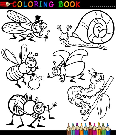 Black and White Coloring Book or Page Cartoon Illustration Set of Funny Insects and Bugs for Childrenのイラスト素材