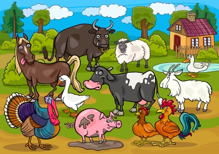 Cartoon Illustration of Country Scene with Farm Animals Livestock Big Groupのイラスト素材