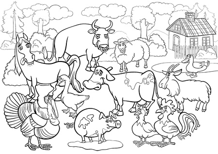 Black and White Cartoon Illustration of Country Scene with Farm Animals Livestock Big Group for Coloring Bookのイラスト素材