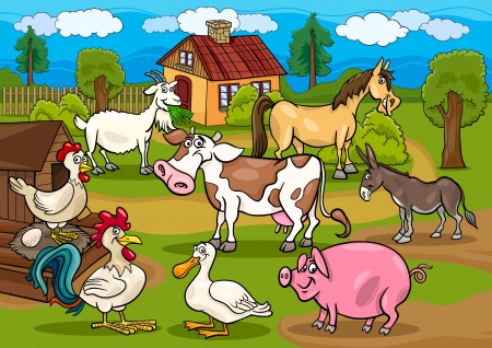Cartoon Illustration of Rural Scene with Farm Animals Livestock Big Groupのイラスト素材