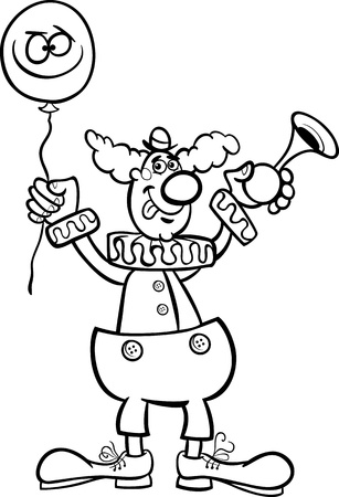 Black and White Cartoon Illustration of Funny Clown with Balloon and Air Horn for Coloring Bookのイラスト素材