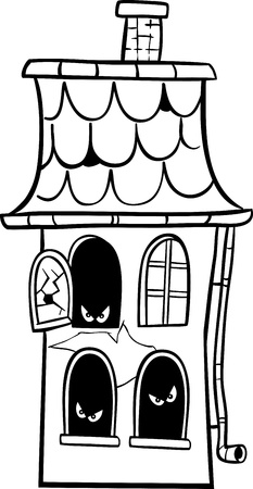 Black and White Cartoon Illustration of Scary Halloween Haunted House for Coloring Bookの素材 [FY31018032301]