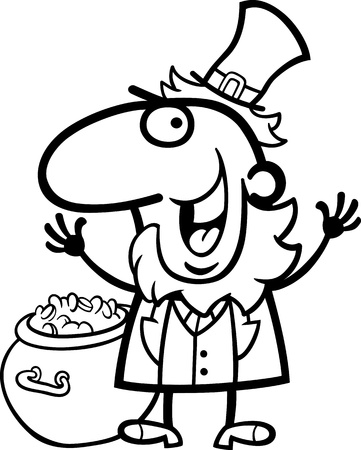 Black and White Cartoon Illustration of Happy Leprechaun with Pot of Gold on St Patrick Day Holiday for Coloring Bookのイラスト素材