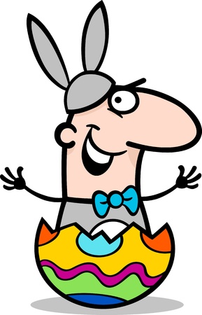 Cartoon Illustration of Funny Man in Easter Bunny Costume in Easter Egg Eggshellのイラスト素材