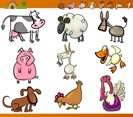 Cartoon Illustration Set of Funny Farm and Livestock Animals isolated on Whiteのイラスト素材