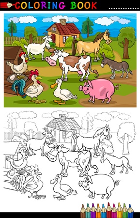 Coloring Book or Coloring Page Cartoon Illustration of Funny Farm and Livestock Animals for Children Educationのイラスト素材