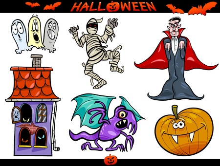 Cartoon Illustration of Halloween Holiday Themes, Vampire or Count Dracula, Mummy, Haunted House, Basilisk or Monster, Pumpkin and Ghostsのイラスト素材