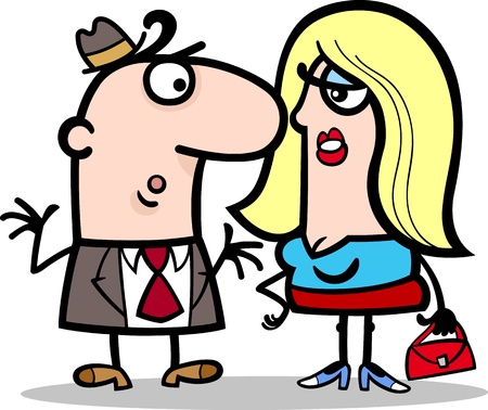 Cartoon Illustration of Funny Man and Woman Couple Talkingのイラスト素材