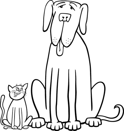 Black and White Cartoon Illustration of Cute Small Cat and Funny Big Dog or Great Dane in Friendship for Coloring Bookのイラスト素材