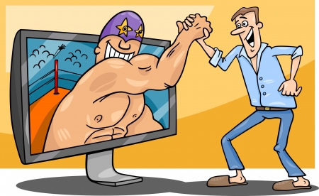 Cartoon Illustration of Funny Man with Wrestler for tv or Watching Interactive Digital Television or Playing Video Gameのイラスト素材