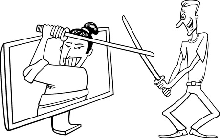Black and White Cartoon Illustration of Funny Man Fighting with Samurai or Watching Interactive Digital Television or Playing Video Gameのイラスト素材