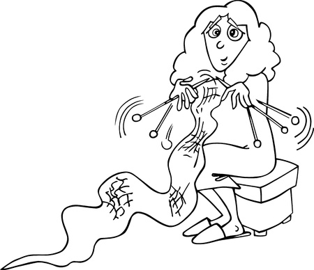 Black and White Cartoon Illustration of Funny Knitter Woman Knittingのイラスト素材