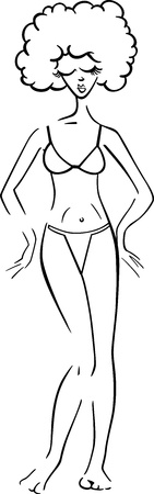 Black and White Cartoon Illustration of Cute Pretty Woman in Bikini or Swimsuit or Bathing Costumeのイラスト素材