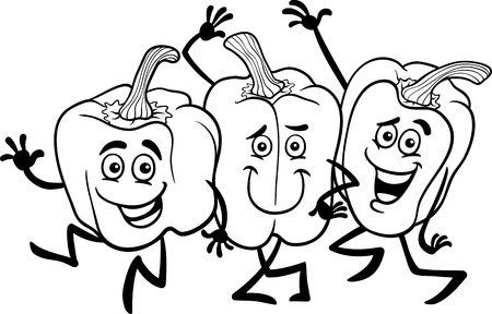 Black and White Cartoon Illustration of Three Funny Peppers Vegetables Food Characters Group for Coloring Bookのイラスト素材