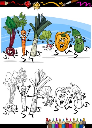 Coloring Book or Page Cartoon Illustration of Running Vegetables Funny Food Objects Group for Children Educationのイラスト素材