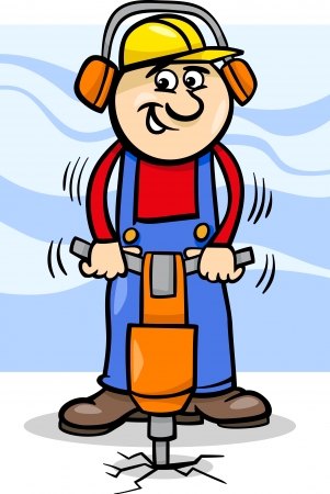 Cartoon Illustration of Man Worker or Workman with Pneumatic Hammerのイラスト素材