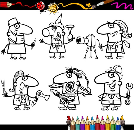 Coloring Book or Page Cartoon Illustration of Black and White Professional People Occupations Comic Characters Set for Children Educationのイラスト素材