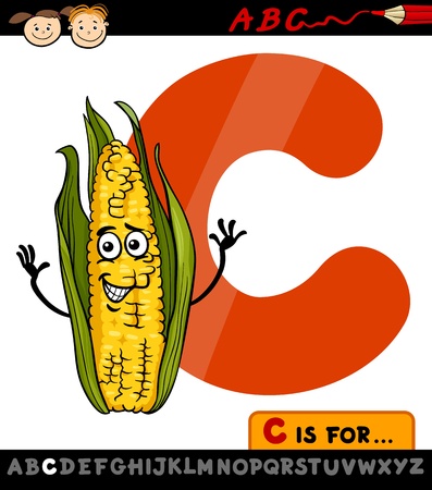 Cartoon Illustration of Capital Letter C from Alphabet with Corn Cob for Children Educationのイラスト素材