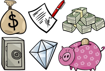 Cartoon Illustration of Business Valuable Objects or Wealth Concepts Objects Clip Art Setのイラスト素材