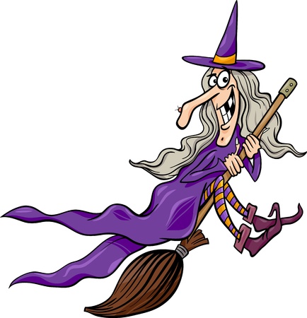 Cartoon Illustration of Funny Fantasy or Halloween Witch Flying on Broomのイラスト素材