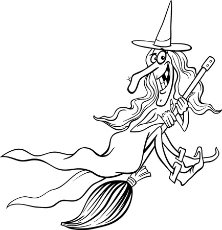 Black and White Cartoon Illustration of Funny Fantasy or Halloween Witch Flying on Broom for Children to Coloring Bookのイラスト素材