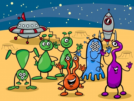 Cartoon Illustrations of Fantasy Aliens or Martians Comic Mascot Characters Groupのイラスト素材