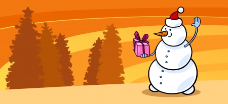 Greeting Card Cartoon Illustration of Snowman Santa with Christmas Presentのイラスト素材