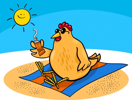 Cartoon Illustration of Chicken or Hen on the Beach with Suntan Creamのイラスト素材
