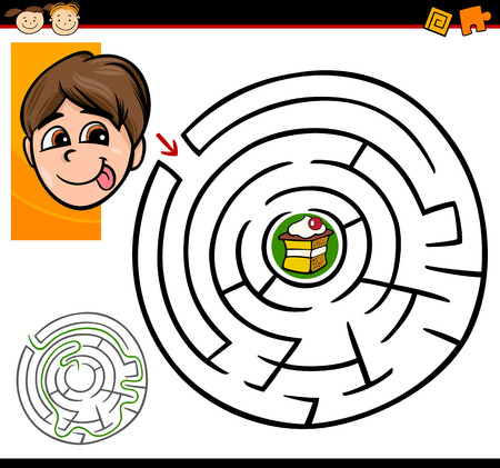 Cartoon Illustration of Education Maze or Labyrinth Game for Preschool Children with Cute Boy and Tasty Cakeのイラスト素材
