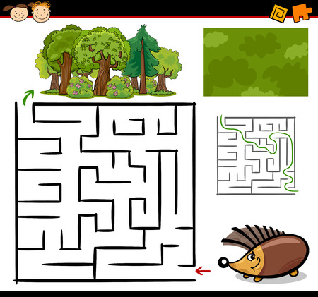 Cartoon Illustration of Education Maze or Labyrinth Game for Preschool Children with Funny Hedgehog Animalのイラスト素材