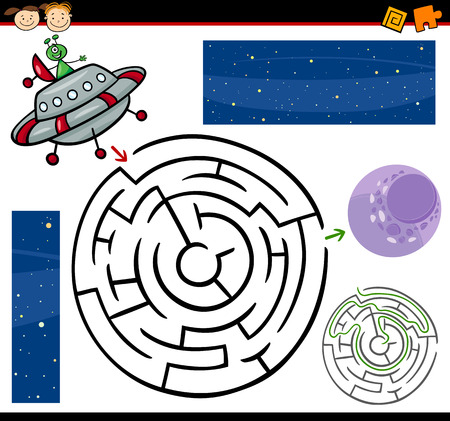 Cartoon Illustration of Education Maze or Labyrinth Game for Preschool Children with Funny Alien Character and Spaceのイラスト素材