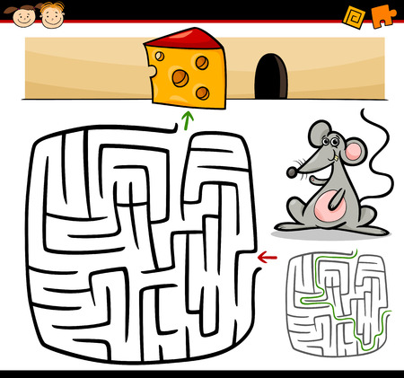 Cartoon Illustration of Education Maze or Labyrinth Game for Preschool Children with Funny Mouse Animal and Cheeseのイラスト素材