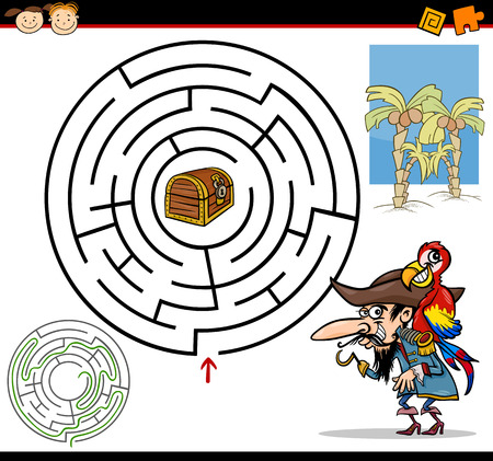 Cartoon Illustration of Education Maze or Labyrinth Game for Preschool Children with Funny Pirate with Parrot and Treasureのイラスト素材