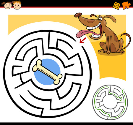 Cartoon Illustration of Education Maze or Labyrinth Game for Preschool Children with Funny Dog and Dog Boneのイラスト素材