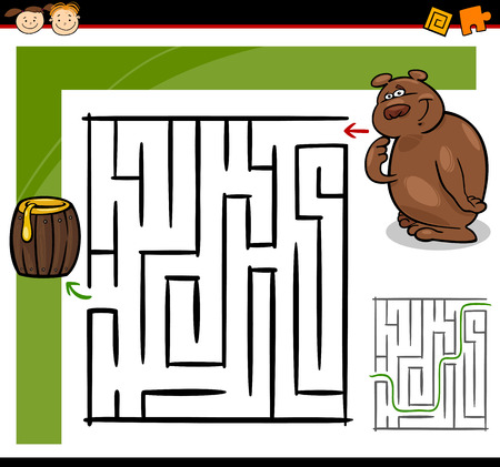 Cartoon Illustration of Education Maze or Labyrinth Game for Preschool Children with Funny Bear Animal and Barrel of Honeyのイラスト素材