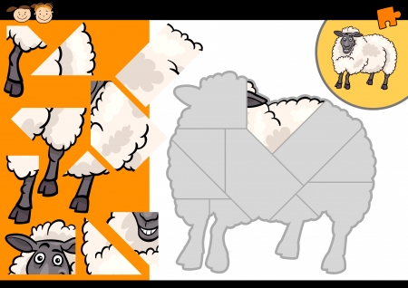 Cartoon Illustration of Education Jigsaw Puzzle Game for Preschool Children with Funny Sheep Farm Animalのイラスト素材