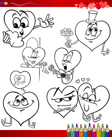 Valentines Day and Love Themes Collection Set of Black and White Cartoon Illustrations with Hearts for Coloring Bookのイラスト素材