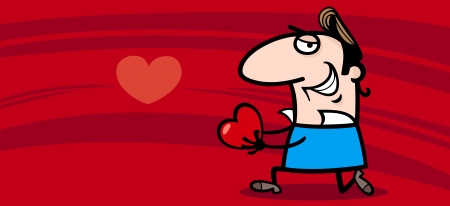 Valentines Day Greeting Card Cartoon Illustration of Man in Love with Heart or Valentine Card in his Handsのイラスト素材