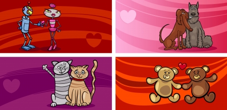 Cartoon Illustration of Greeting Cards with People in Love and Mascot Characters and other Valentines Day Themes Setのイラスト素材