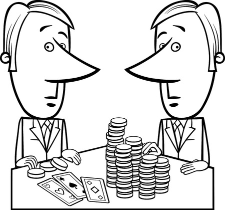 Black and White Concept Cartoon Illustration of Two Businessmen or Politicians playing Pokerのイラスト素材