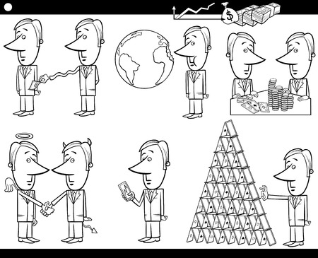 Black and White Concept Cartoon Illustration Set of Funny Men or Businessmen Characters and Business Metaphorsのイラスト素材