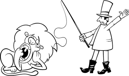 Black and White Cartoon Humor Illustration of Tamer and Bored Lazy Lion for Coloring Bookのイラスト素材
