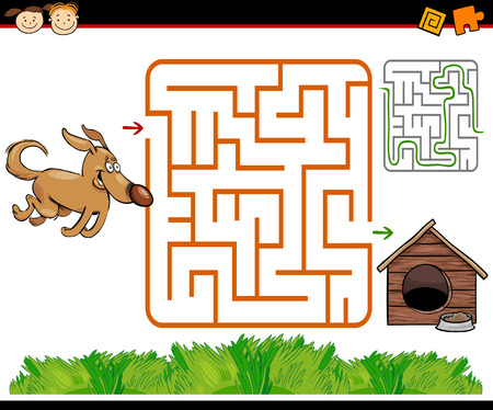 Cartoon Illustration of Education Maze or Labyrinth Game for Preschool Children with Funny Dog and Doghouse or Kennelのイラスト素材