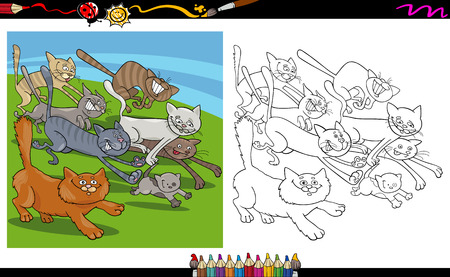 Cartoon Illustrations of Running Cats Characters Group for Coloring Bookのイラスト素材